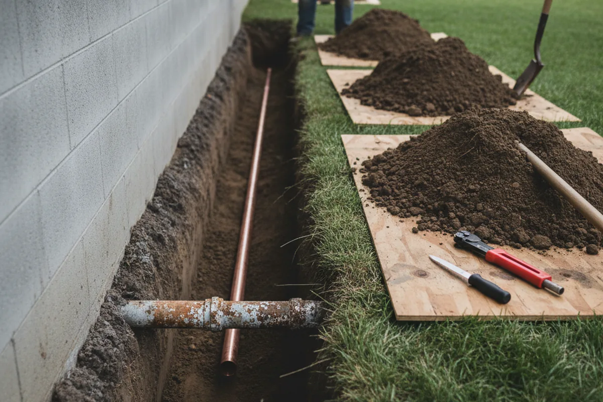 Excavated water line trench during Water Softener Installation in Austerlitz